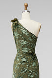 Army Green Mermaid Ruffled One Shoulder Long Wedding Guest Dress with 3D Flower