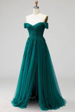 Sparkly Beaded Dark Green Off the Shoulder Long Formal Dress with Slit
