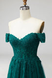 Sparkly Beaded Dark Green Off the Shoulder Long Formal Dress with Slit