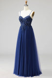 Navy Sparkly Sequins Spaghetti Straps A-Line Long Formal Dress