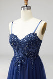 Navy Sparkly Sequins Spaghetti Straps A-Line Long Formal Dress