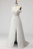 White Off the Shoulder A-Line Long Embroidered Formal Dress with Slit