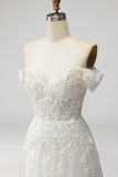 White Off the Shoulder A-Line Long Embroidered Formal Dress with Slit