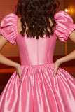 Pink Corset A Line Puff Sleeves Satin Mini Prom Dress