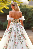 Floral Tulle Ball Gown Sweep Train White Wedding Dress