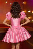 Pink Corset A Line Puff Sleeves Satin Mini Prom Dress