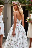 Floral White A Line Satin Sweep Train Wedding Dress