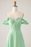 Spaghetti Straps Green Corset A Line Long Bridesmaid Dress