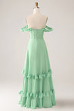 Spaghetti Straps Green Corset A Line Long Bridesmaid Dress