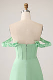 Spaghetti Straps Green Corset A Line Long Bridesmaid Dress