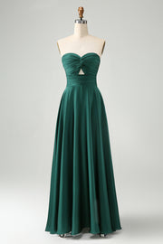 Dark Green Strapless Pleated A Line Satin Long Bridesmaid Dress