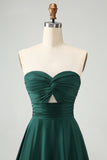 Dark Green Strapless Pleated A Line Satin Long Bridesmaid Dress
