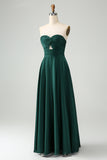 Dark Green Strapless Pleated A Line Satin Long Bridesmaid Dress