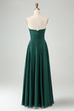Dark Green Strapless Pleated A Line Satin Long Bridesmaid Dress