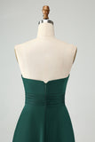 Dark Green Strapless Pleated A Line Satin Long Bridesmaid Dress