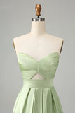 Green Satin A Line Lace Up Bridesmaid Dress with Slit