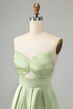 Green Satin A Line Lace Up Bridesmaid Dress with Slit