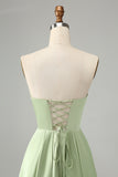 Green Satin A Line Lace Up Bridesmaid Dress with Slit