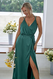 Dark Green Backless V-Neck Long Bridesmaid Dress With Side Slit