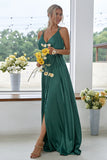 Dark Green Backless V-Neck Long Bridesmaid Dress With Side Slit