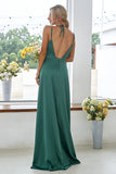 Dark Green Backless V-Neck Long Bridesmaid Dress With Side Slit