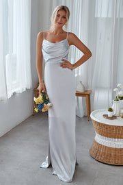 Silver Cowl Neck Satin Long Bridesmaid Dress With Side Slit