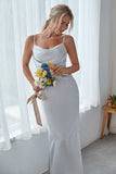 Silver Cowl Neck Satin Long Bridesmaid Dress With Side Slit