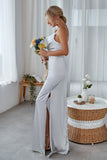 Silver Cowl Neck Satin Long Bridesmaid Dress With Side Slit