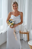 Silver Cowl Neck Satin Long Bridesmaid Dress With Side Slit
