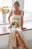 Champagne Square Neck Short Bridesmaid Dress With Slit