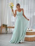 Mint Green A Line V Neck Long Pleated Bridesmaid Dress