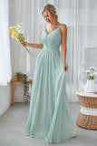 Mint Green A Line V Neck Long Pleated Bridesmaid Dress