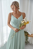 Mint Green A Line V Neck Long Pleated Bridesmaid Dress