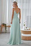 Mint Green A Line V Neck Long Pleated Bridesmaid Dress