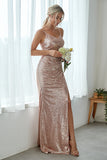 Blush Pink Mermaid Sequined Long Bridesmaid Dress With Side Slit