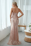 Blush Pink Mermaid Sequined Long Bridesmaid Dress With Side Slit