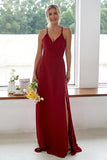 Burgundy A Line Long Bridesmaid Dress With Slit