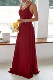 Burgundy A Line Long Bridesmaid Dress With Slit