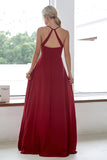Burgundy A Line Long Bridesmaid Dress With Slit