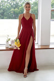Burgundy A Line Long Bridesmaid Dress With Slit