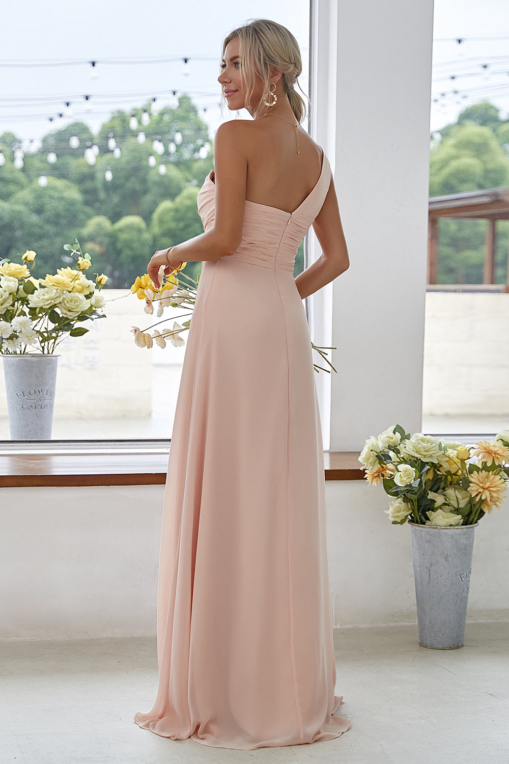 Leely Women Peach Long Bridesmaid Dress One Shoulder Chiffon Formal Dress With Side Slit leelyuk Leely Women Peach Long Bridesmaid Dress One Shoulder Chiffon Formal Dress With Side Slit leelyuk