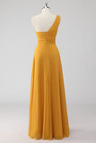 Yellow One Shoulder A Line Chiffon Maxi Bridesmaid Dress with Slit
