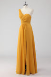 Yellow One Shoulder A Line Chiffon Maxi Bridesmaid Dress with Slit