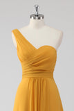 Yellow One Shoulder A Line Chiffon Maxi Bridesmaid Dress with Slit