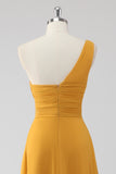 Yellow One Shoulder A Line Chiffon Maxi Bridesmaid Dress with Slit