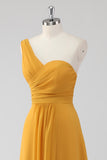 Yellow One Shoulder A Line Chiffon Maxi Bridesmaid Dress with Slit