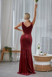 Burgundy Sheath Velvet Long Bridesmaid Dress
