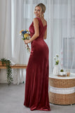 Burgundy Sheath Velvet Long Bridesmaid Dress