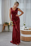 Burgundy Sheath Velvet Long Bridesmaid Dress