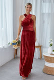 Burgundy A-Line Convertible Velvet Long Bridesmaid Dress